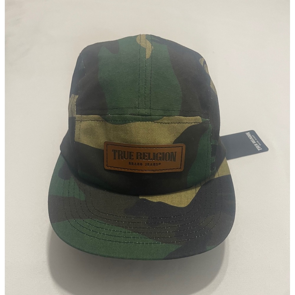 True Religion Camo 5 Panel Camper Hat Leather Logo Patch TR2939 Adjustable OS